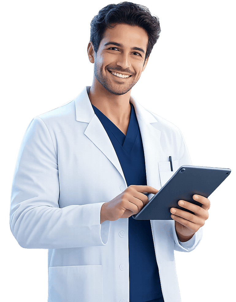 Doctor usando la página de reservas de su clínica